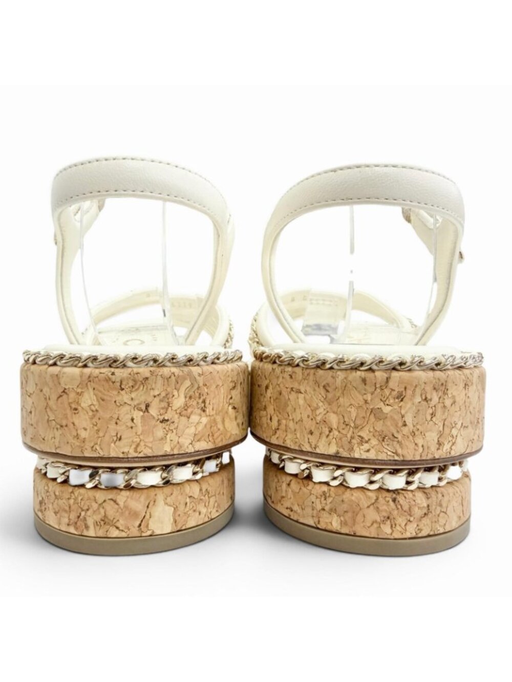Chanel CC Logo Chain Strap Cork Sole Leather Sandals Ivory 38 Recommended - Picture 4 of 11